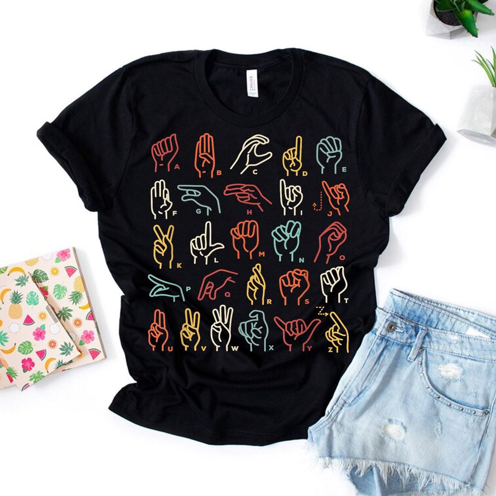 Asl Abc American Sign Language Alphabet Retro Deaf Awareness Shirt Unisex Standard T-Shirt black s
