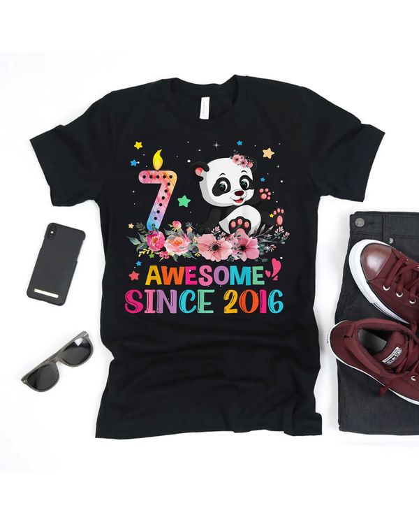 Awesome Since 2016 7th Birthday 7 Year Old Panda Unicorn Shirt